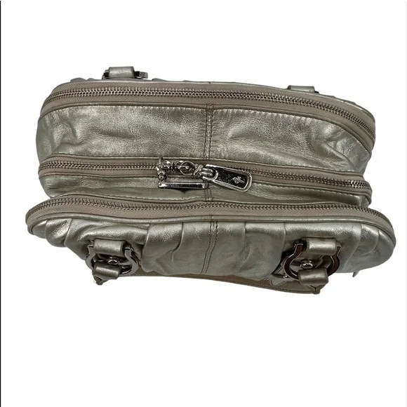 Cole Haan Silver Leather Zipper Top 3 Compartment Satchel Bag Purse Women's - Picture 9 of 13
